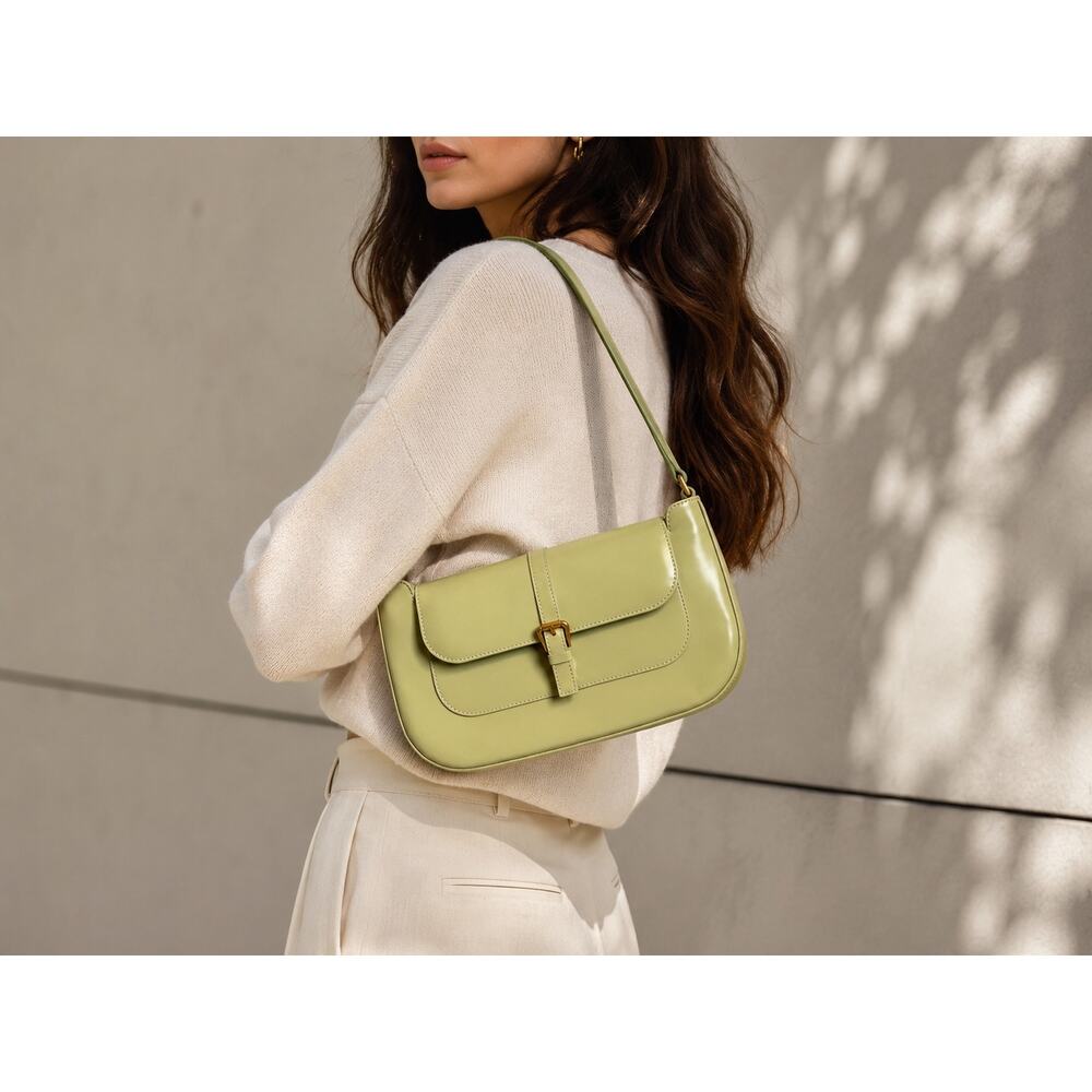 By Far Miranda Olive Semi Patent Leather Shoulder Handbag NWT